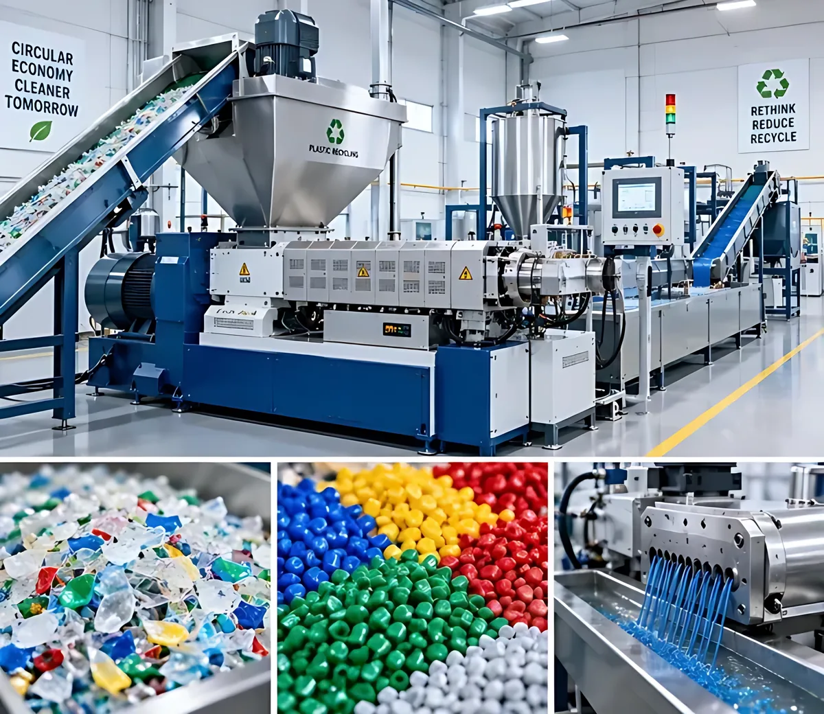 Plastic recycling extrusion and pelletizing line with recycled plastic granules