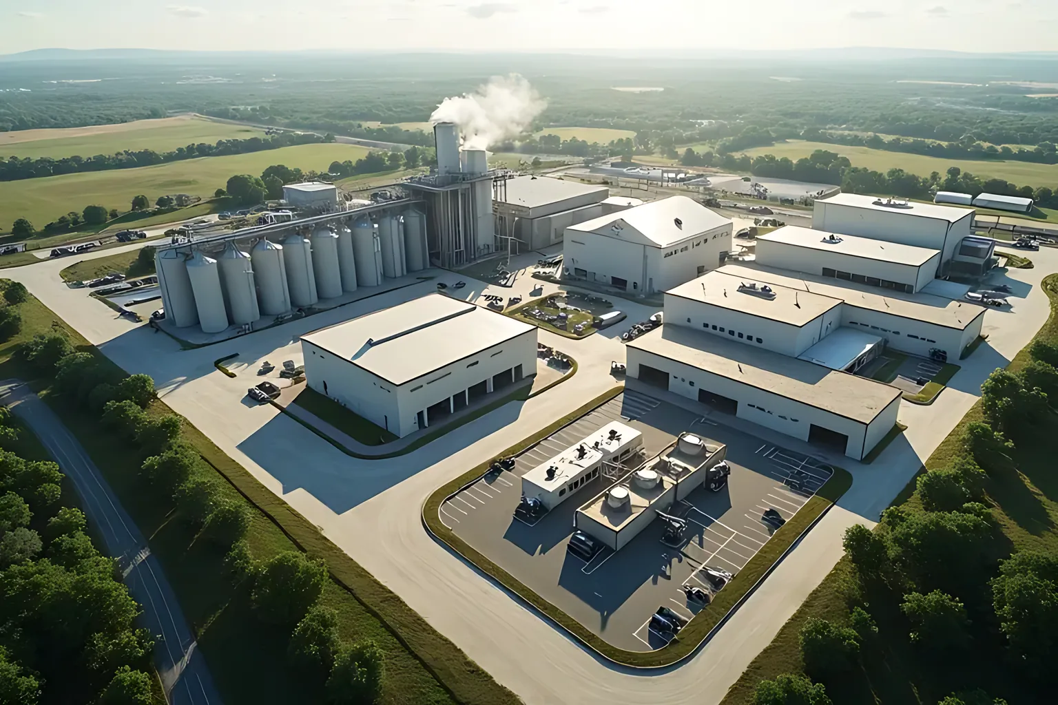 Aerial view of an industrial processing plant with silos