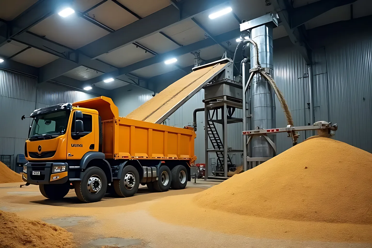 Truck delivering sawdust biomass to a pellet plant