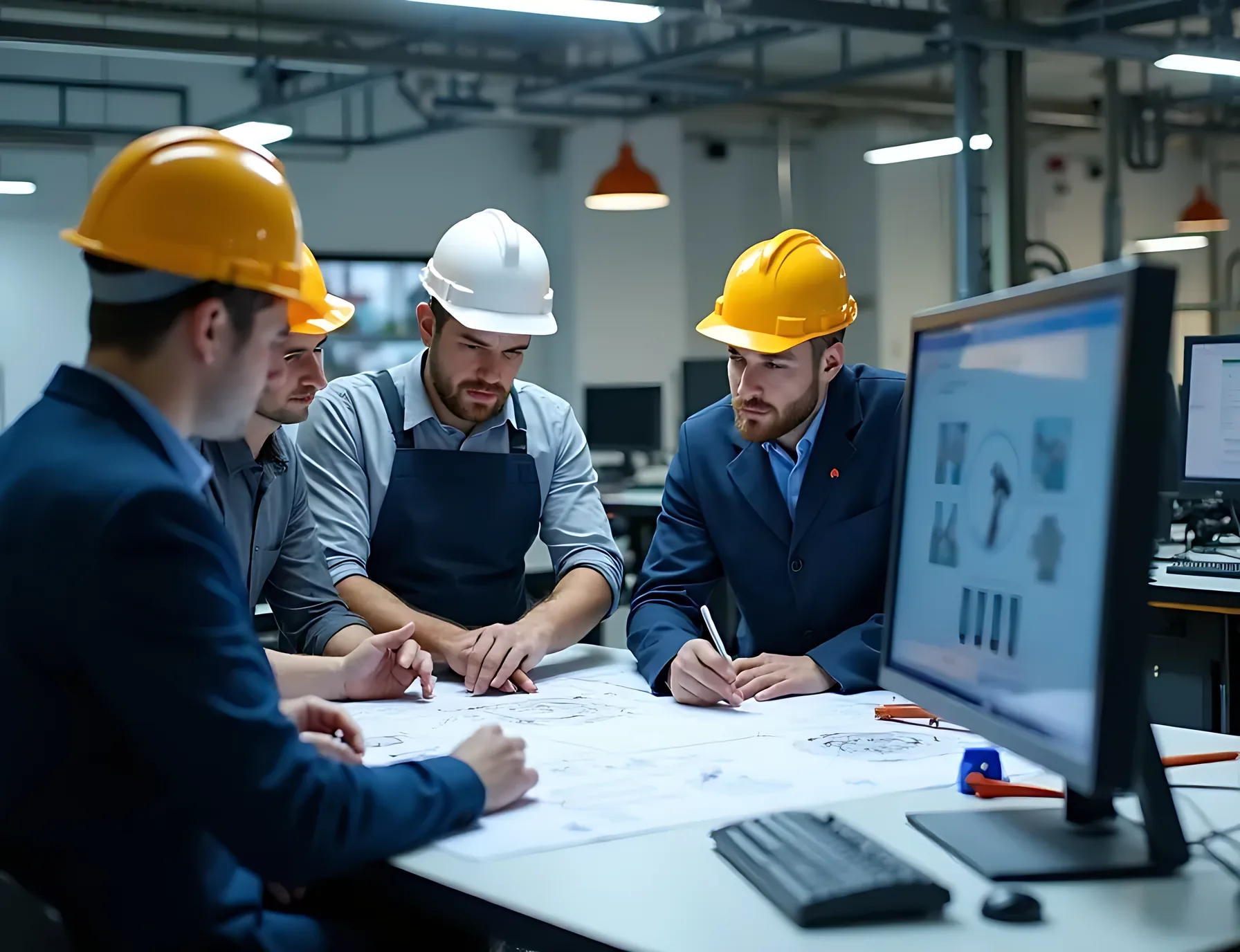 Engineers reviewing plant drawings and 3D models