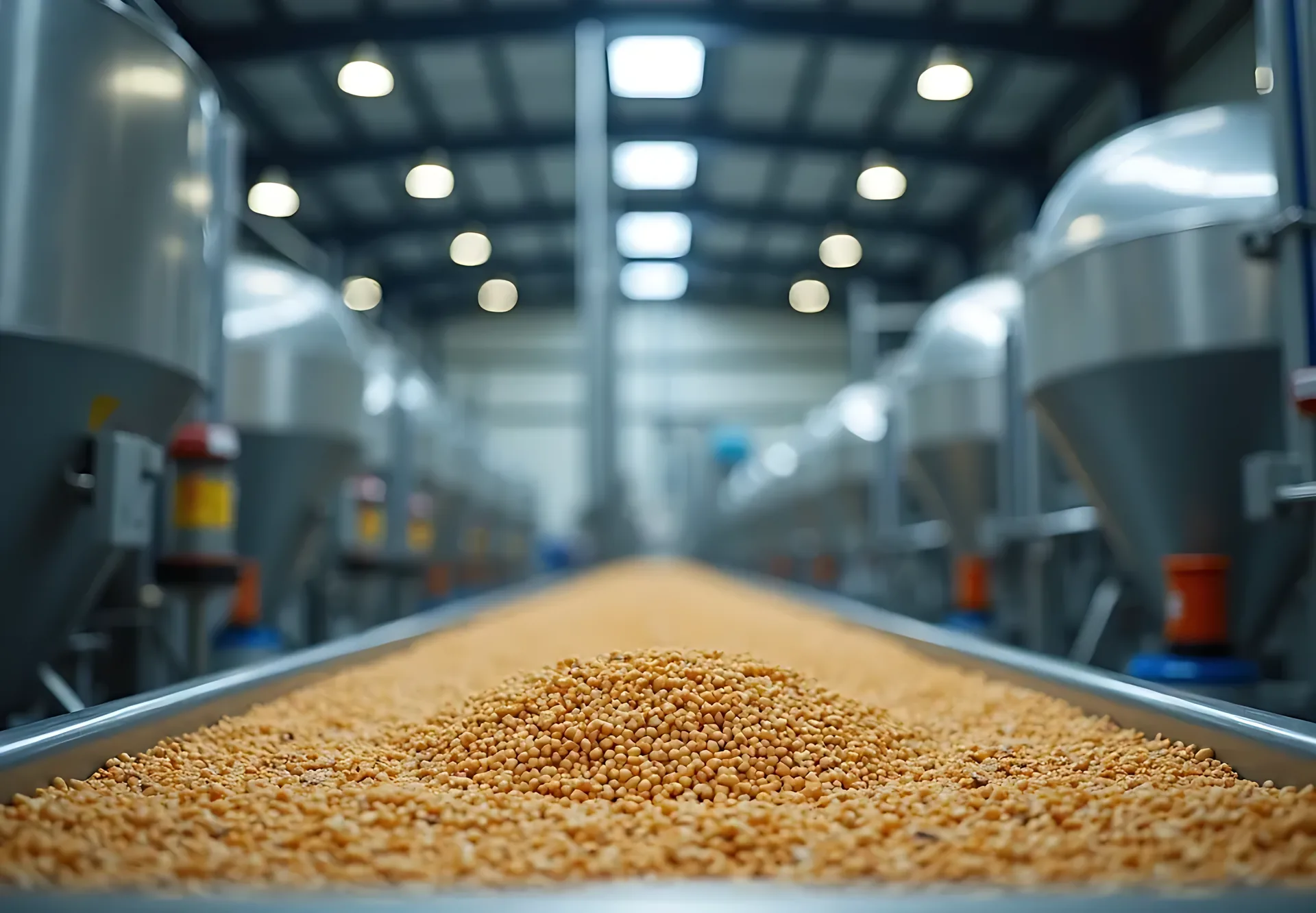 Animal feed pellets on a conveyor inside a feed mill